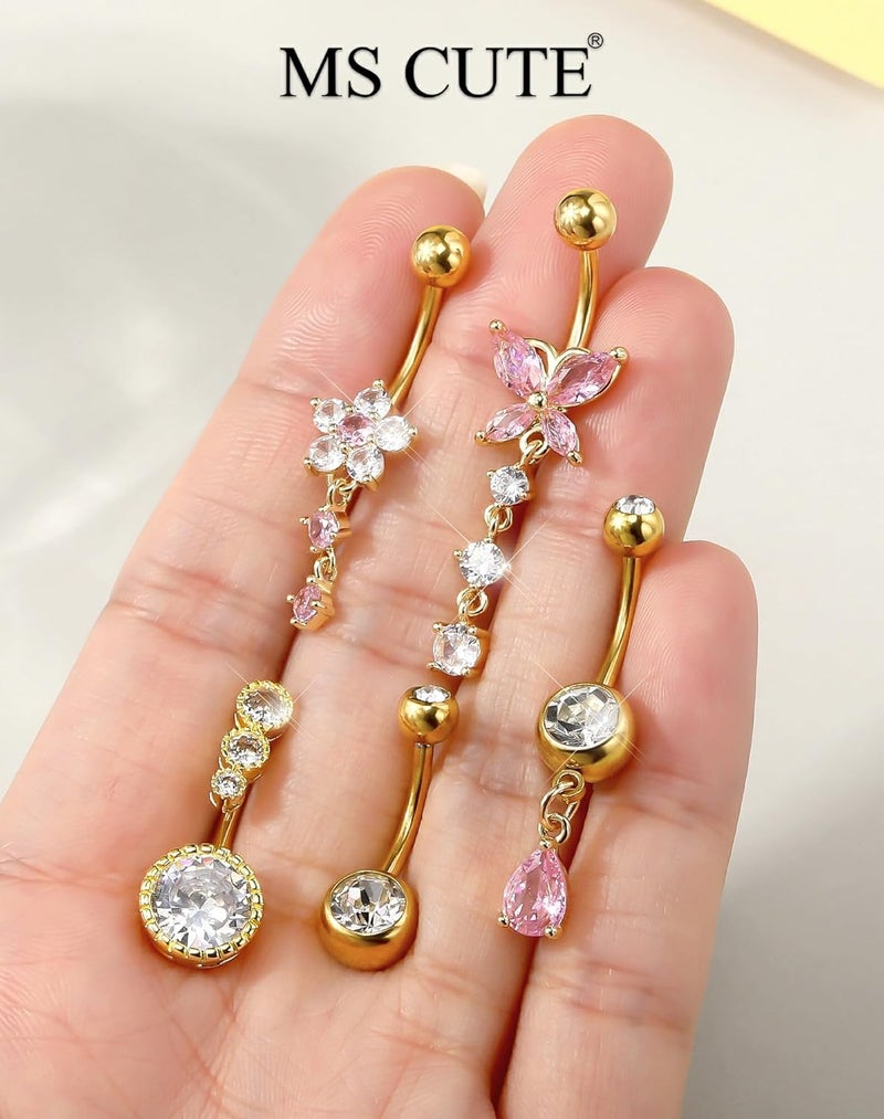 MS CUTE 5PCS Belly Button Rings for Women 14G Dangle Navel Piercing Jewelry Set Surgical Stainless Steel Body Jewelry with CZ Butterfly Flower Teardrop Barbell for Beach Festival Daily - Image 3